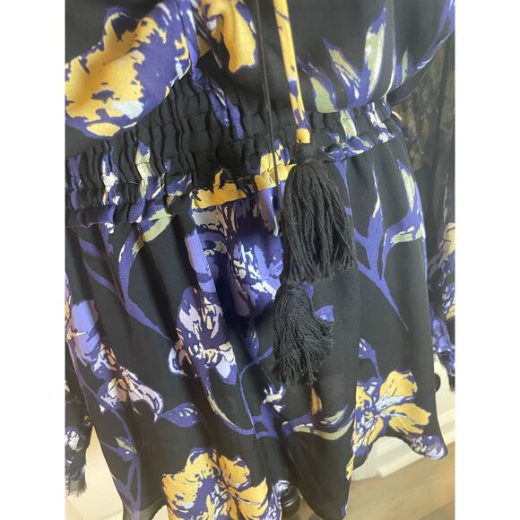 RAMY BROOK MINI DRESS MILENE 100% SILK BLUE FLORAL RUFFLE SMOCKED WAIST SZ S - Picture 14 of 16